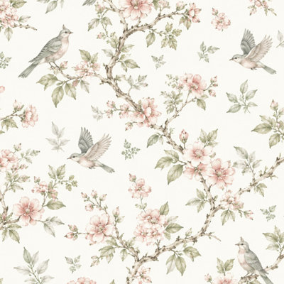 Peel and Stick Wallpaper Vintage Floral Bird Soft Pink Blossoms Watercolor Branches Contact Paper Removable Self Adhesive Wall Mural Wall Decor for Bedroom Kitchen Cabinets 24in x 118in