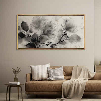 Black and White Floral Branch Artwork - Large Framed Canvas Master Bedroom Wall Art Print