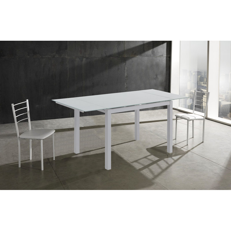 Rayden Extendable Glass Top Metal Base Dining Table, Grey