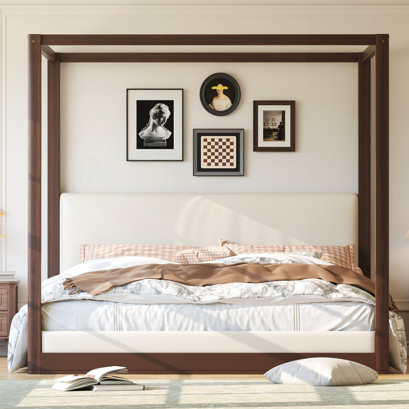 Lit plateforme à baldaquin en bois très grand avec tête de lit tapissier, King, Espresso
