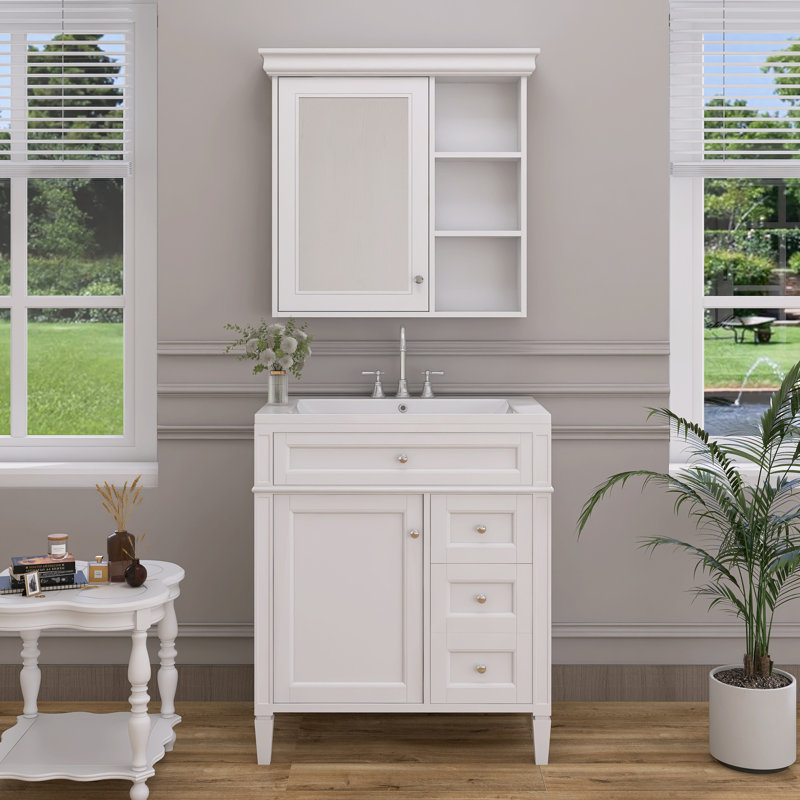 Meuble-lavabo simple 30 po avec comptoir en céramique et armoire à pharmacie Shabir, Blanc