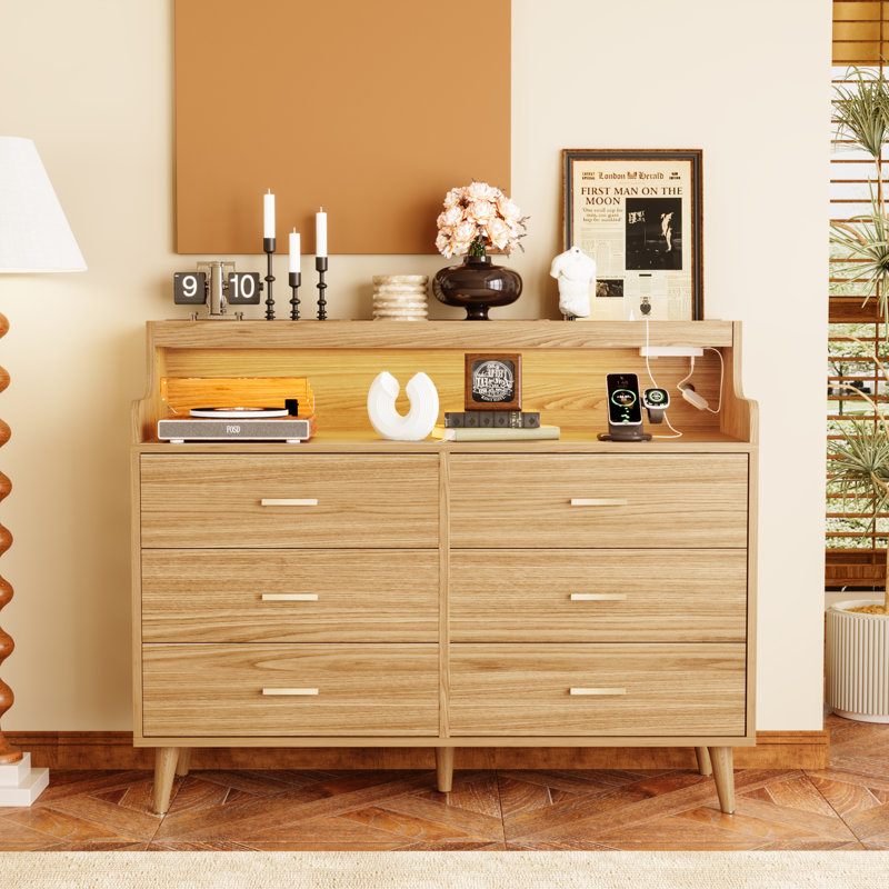 6 Drawer 120Cm W Double Dresser, Natural Oak