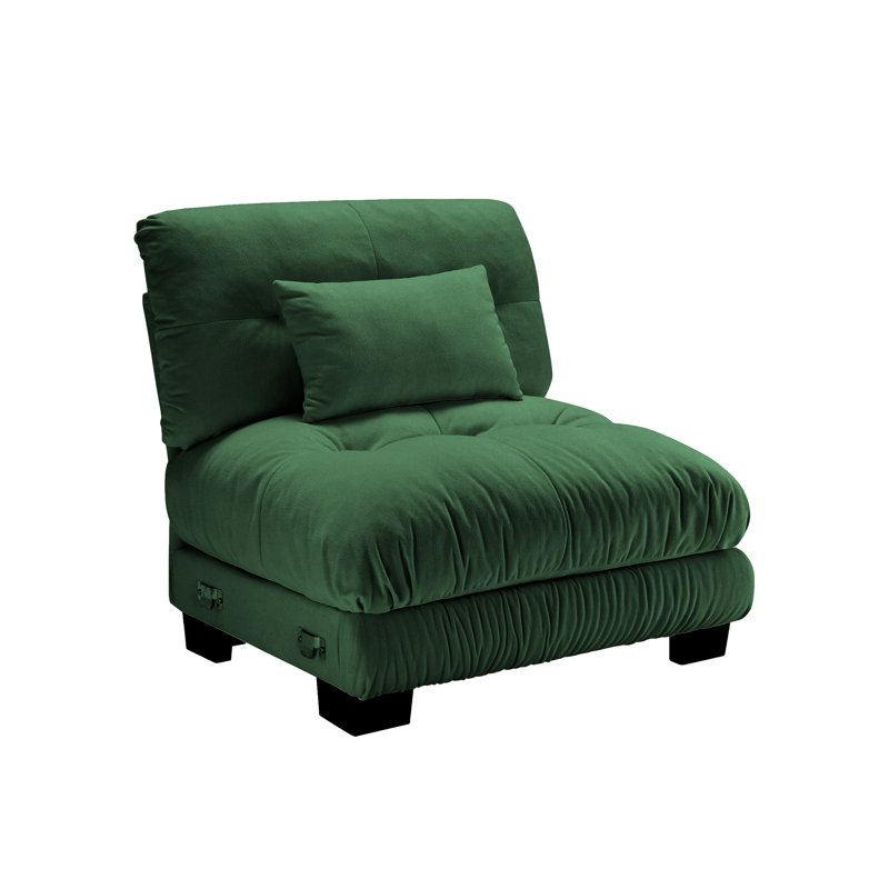 Green Chenille Armless Sofa with Matching Pillow, Green