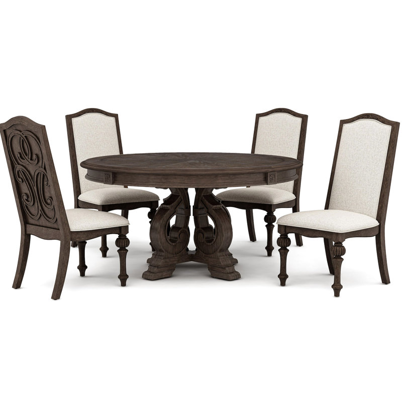 Ensemble de salle à manger 5 pièces avec table ronde et 4 chaises, style rustique, plateau en bois massif, pieds sculptés aux tons naturels, fabrication, base en piédestal