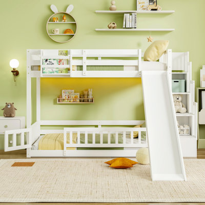 Twin Over Twin Bunk Bed with Slide, Storage Stairs, LED Lights, Bedside Rack, Pine Wood, Safety Guardrails,Grey