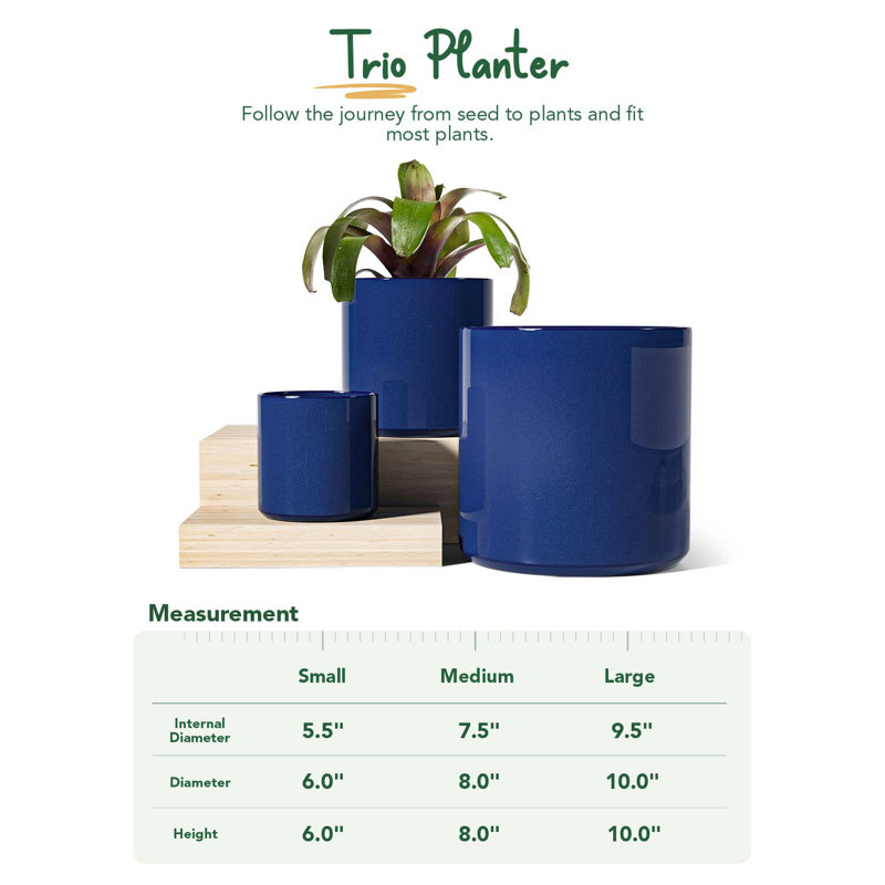 Sapphire Blue Ceramic Indoor Planter Set with Drainage, 10/8/6 Inch