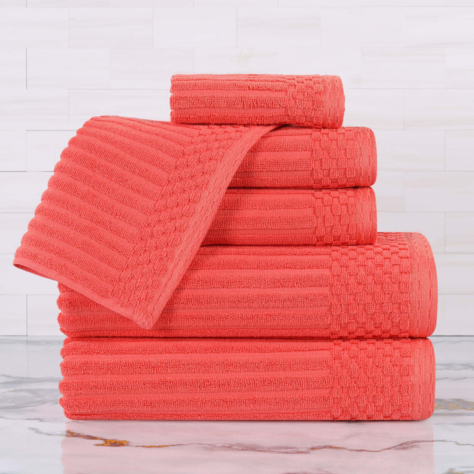 6-Piece Checkered Border Cotton Towel Set, Coral Orange