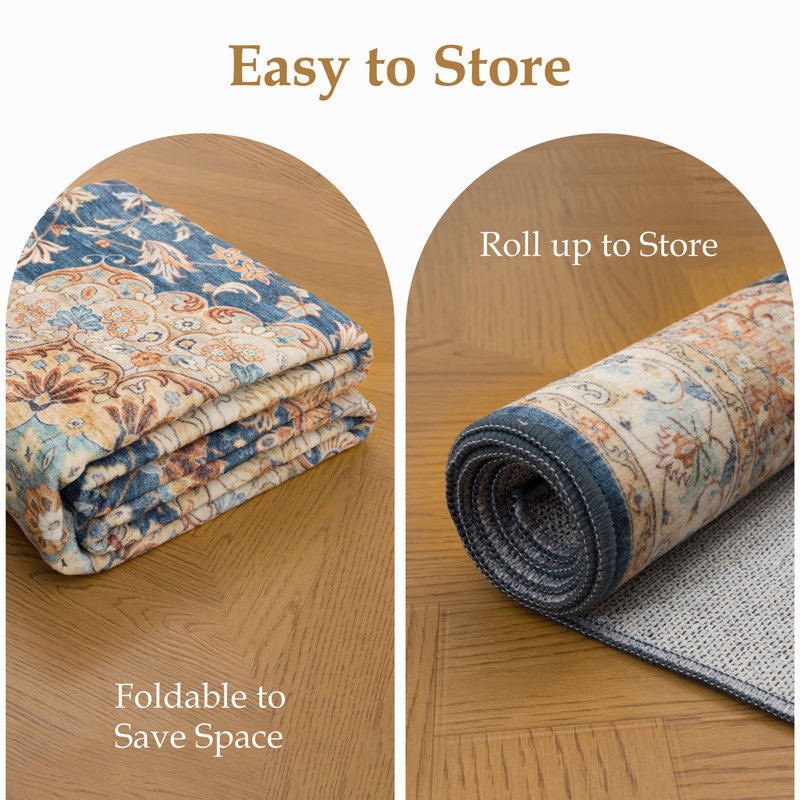 Eaglin Medallion Navy Washable Foldable Area Rug, 59" x 83"