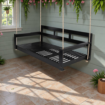 Patio Wooden Twin Size Porch Swing Daybed Frame, Garden Swing Bench Chair With 4 Hanging Ropes For Backyard,Outdoor