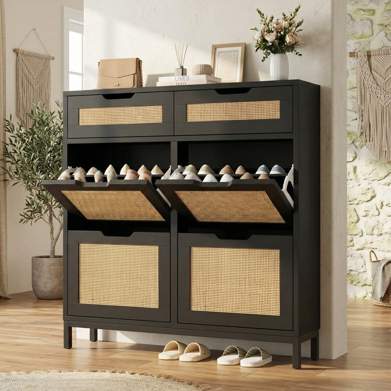 Entryway Shoe Cabinet | 4 Flip + 2 Top Drawers, Freestanding Narrow W/Legs (Foyer/Hallway), Black