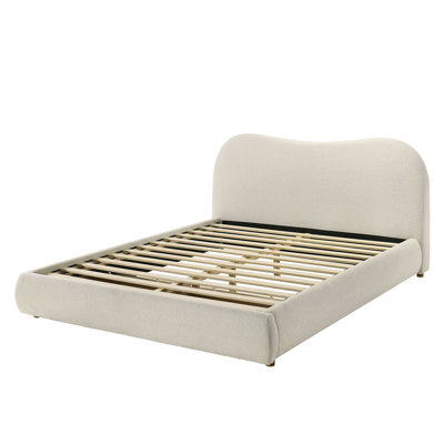 Queen Bedframe With White Boucle Upholstery, Curved Headboard, Storage, Contemporary Bed Setup Furniture Size Solid Wood And Engineered Blend