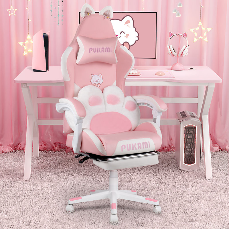 Ivy Bronx Gaming Chair With Cat Ears And Cat Paw Cushion Pillow,cute Computer Chair For Girl With Footrest, Pink
