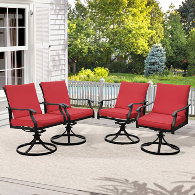 Ensemble de 4 chaises d'extérieur pivotantes en métal, chaise berçante pivotante avec coussins rouges épais, chaises berçantes de patio pour bistro de jardin, noir