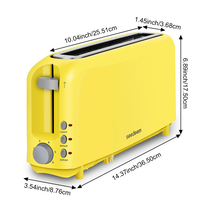 2-Slice Slim Bread Toaster Featuring 10-Inch Long Slot, 6 Shade Settings, Removable Crumb Tray, Defrost/Reheat/Cancel Functions & Safe Auto Shut-Off,Yellow