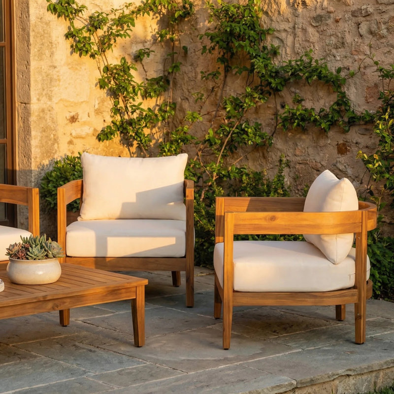 Lorene Outdoor Acacia Wood Club Chair with Cushions, Beige