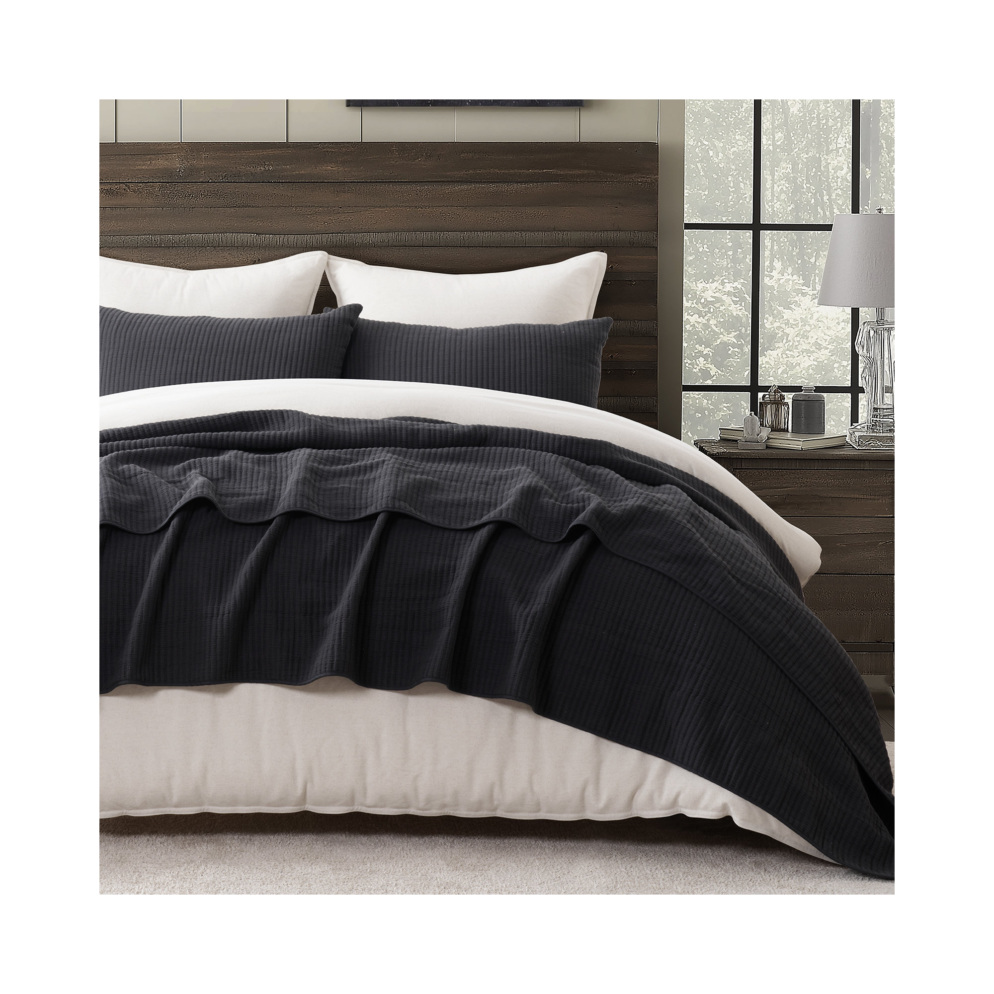 Ribbed Matelassé Cotton Coverlet Set, Washed Black, King Quilt + 2 King Shams