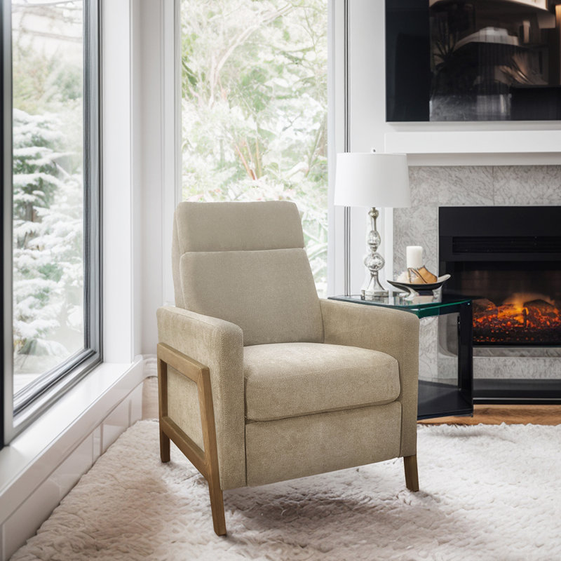 Tacara Beige Ergonomic 3-Position Manual Recliner with Solid Wood Frame and Natural Oak Legs, Beige