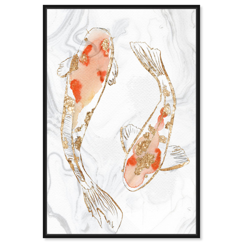 " Two Koi Fish Marble ", 15" H x 10" W, Black Framed