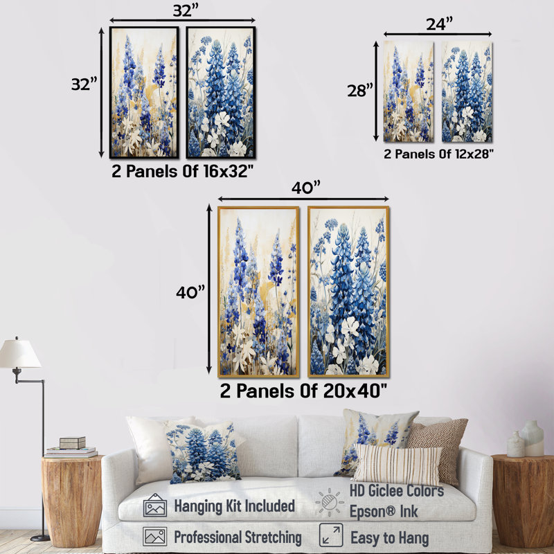 Blue Bonnets Simplicity Meadow - ensemble de 2 impressions sur toile Blue Bonnets, H 32 po x l 33 po, Cadre flottant blanc