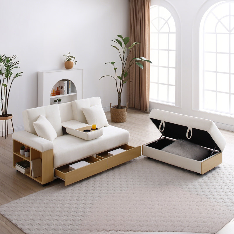 Convertible Sleeper Sofa Couch with Box and Drawer,2 Cup Holders, Beige