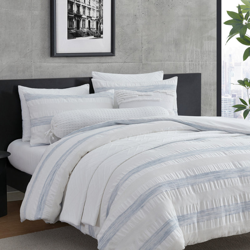 Ensemble de housse de couette jacquard à rayures gaufrées blanc / bleu DKNY, Édredon très grand + 2 taies décoratives standa