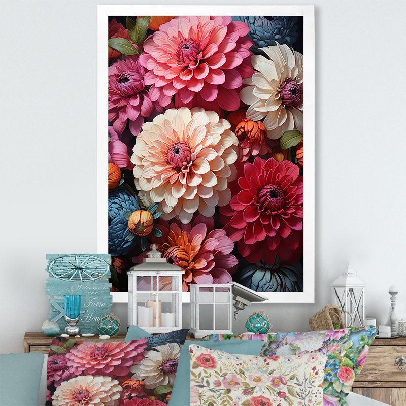 Décoration murale Zinnias rouge beige - Zinnias, Cadre flottant blanc, H 20 po x l 12 po