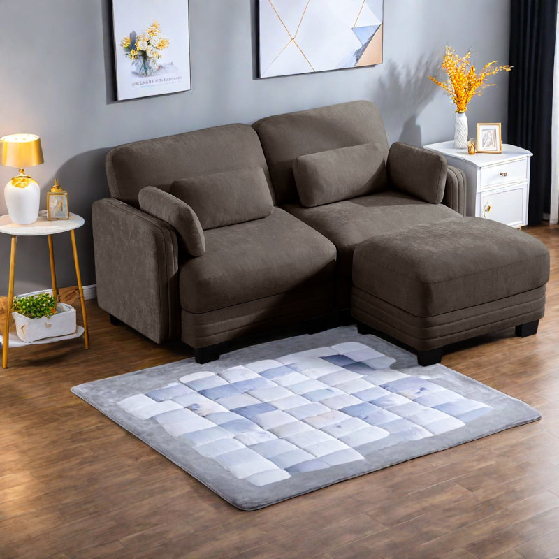 Canapé d'angle à compression, causeuse deux places en chenille marron avec pouf, intérieur moderne