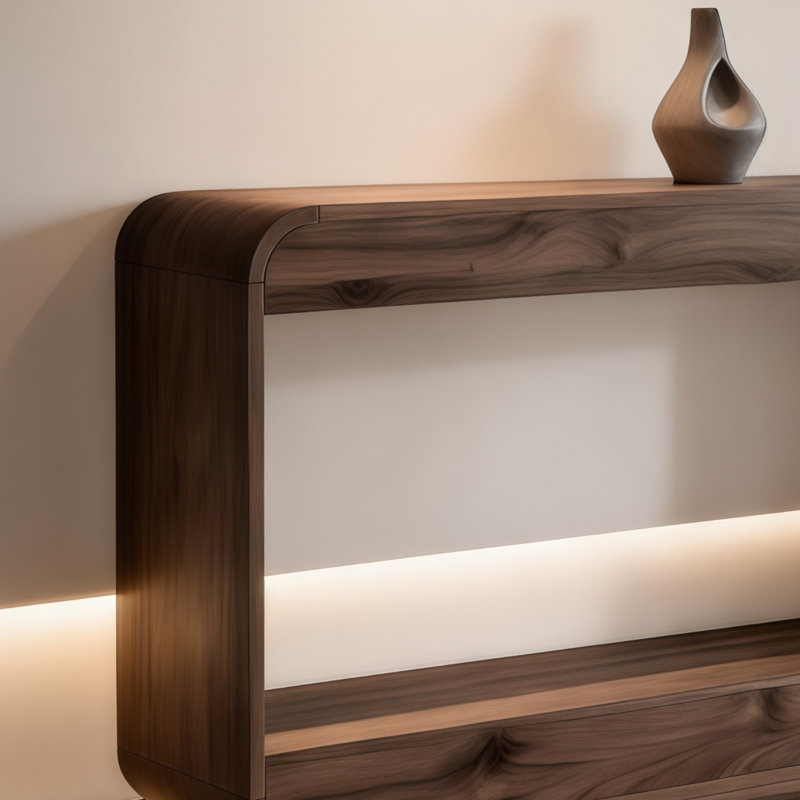 Console incurvée de 43 pouces, table de canapé en bois à 2 niveaux avec tablette de rangement ouverte, table d'entrée étroite pour vestibule de couloir, finition noyer