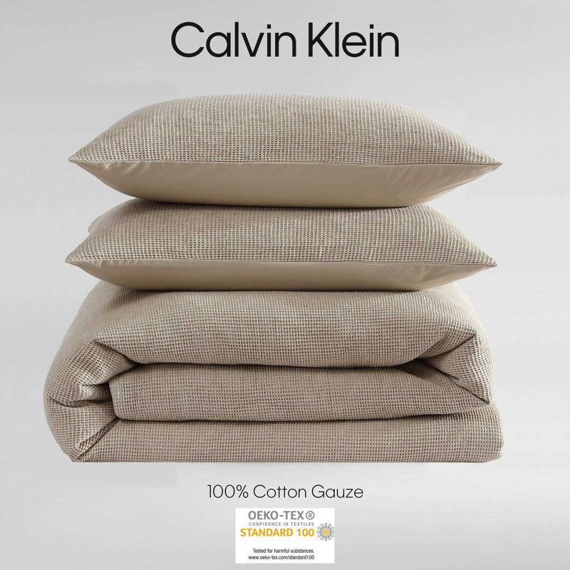 Calvin Klein Microwaffle Solid Reversible 3 Piece Duvet Cover Set, Beige, Queen Duvet Cover + 2 Standard Shams