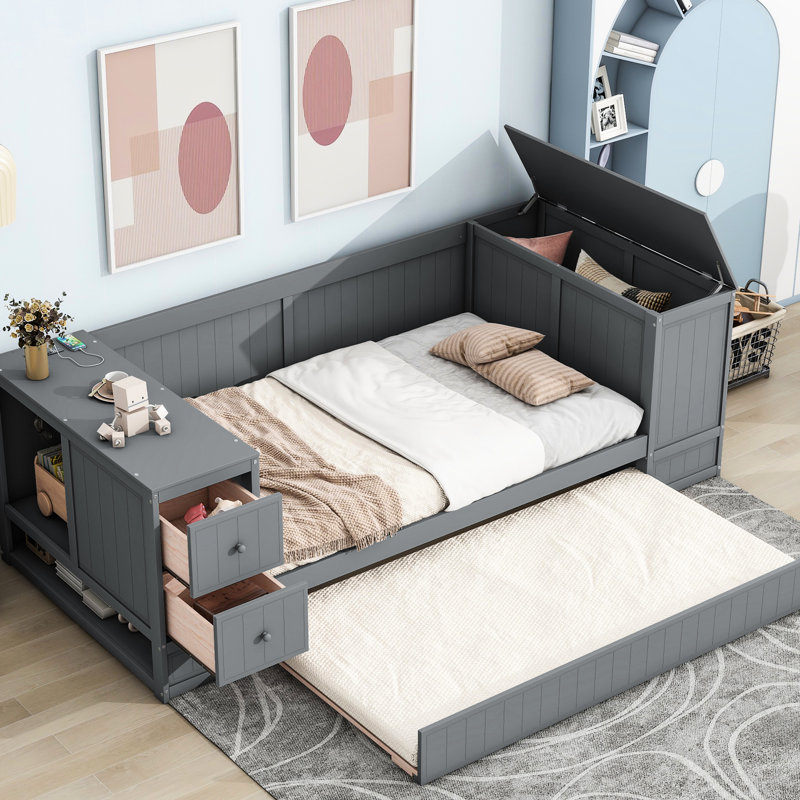 Lit de jour simple avec rangement pour outils, lit gigogne, gris - Construction en bois massif, Gris