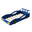 Lit plateforme simple Blue Race Car pour adolescents, en bois avec roues, confortable et fonctionnel, rangement à la tête, lit jaune à assemblage rapide, conception esthétique des roues, rails,