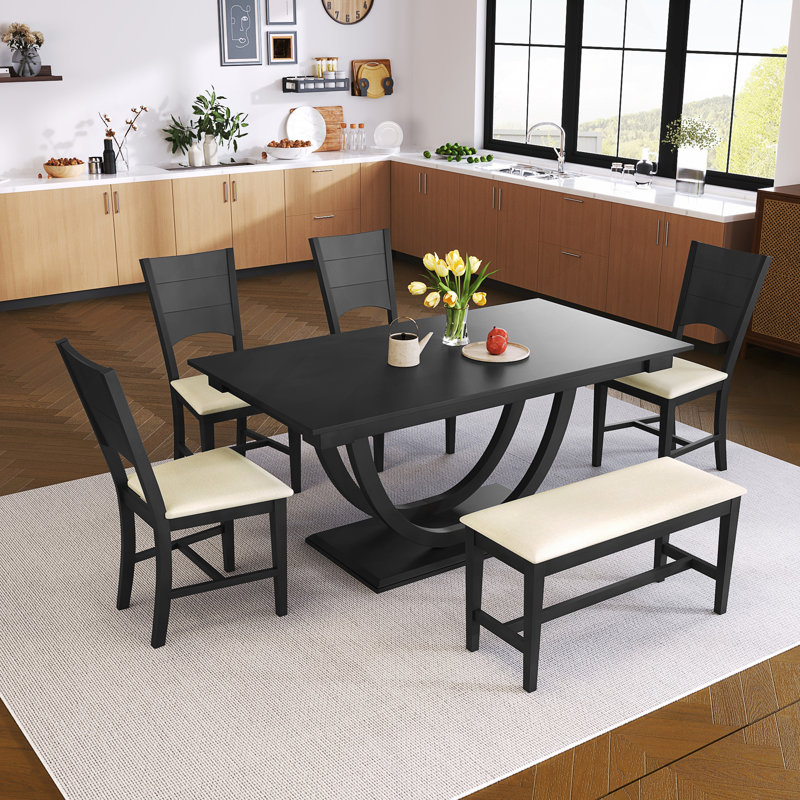 Ensemble de table de salle à manger 6 pièces en bois avec banc long et 4 chaises, style moderne, Gris foncé
