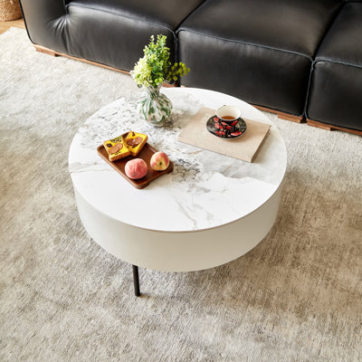 Table basse ronde moderne blanche avec tiroirs et pieds en métal doré - plateau en céramique pour salon, appartement, bureau