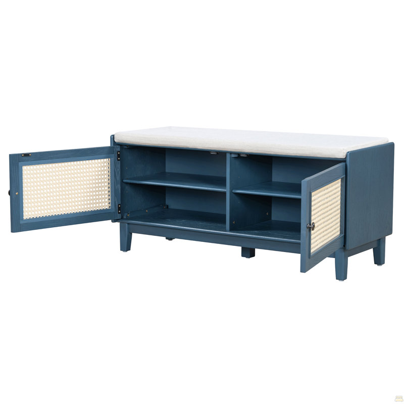 Trexm Boho Rattan Entryway Bench With Storage, Cushioned Shoe Bench With Double Doors, Wooden Shoe Organizer Bench For Entryway And Hallway (Antique Navy)
