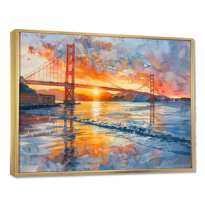 Décoration murale jaune et rouge Golden Gate Summer Sunset Glow IV - Ponts, H 16 po x l 32 po x P 1 po