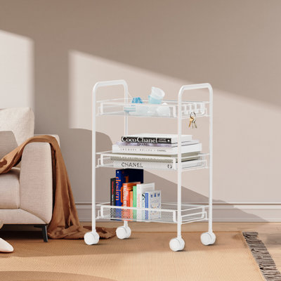 3-Tier Kitchen Storage Rack with Wheels, Metal Organizer Shelf, Mesh Storage Basket for Living Room, Bathroom, Kitchen, Office, White