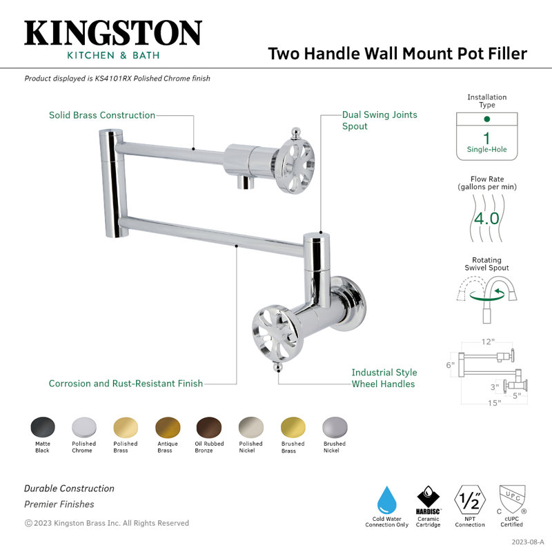 Kingston Brass Belknap Two-Handle 1-Hole Wall Mount Pot Filler Faucet, Polished Chrome
