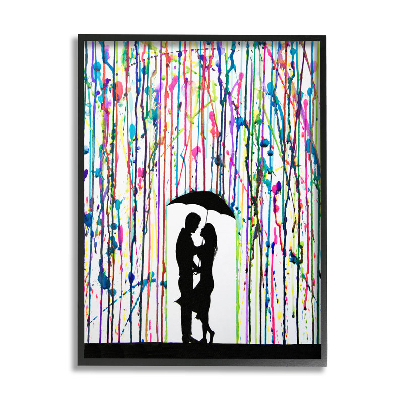 Modern Romantic Rainfall Silhouette Abstract Canvas Print in Black Frame