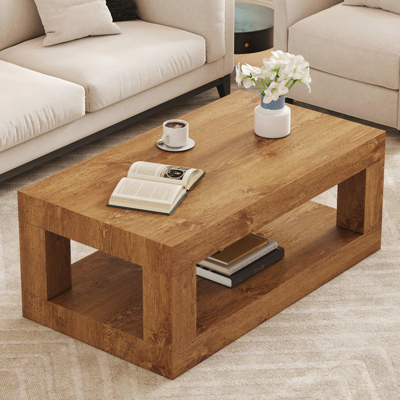 Table basse moderne à 2 niveaux pour mobilier de salon, table centrale rectangulaire avec tablette de rangement ouverte. La table basse à double couche est fabriquée en panneau de fibres à densité moyenne. Assemblage stable et durable, facile