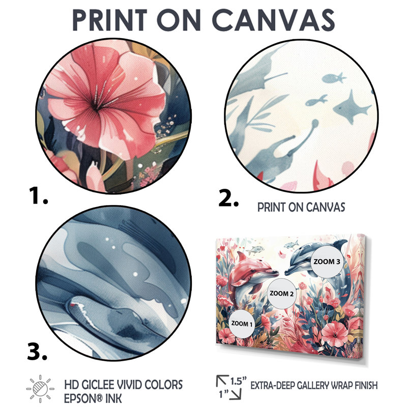 «Grey Pink Dancing Dolphins Sea Creatures - Sea Creatures», reproduction d'art, Cadre flottant doré, H 28 po x l 60 po