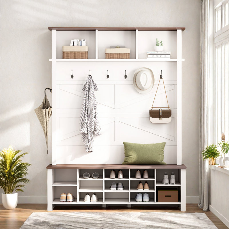 Farmhouse 4-in-1 Hall Tree With 6 Hooks, Entryway Bench With Adjustable Shelves, 16 Open Compartments And A Side Umbrella Rack