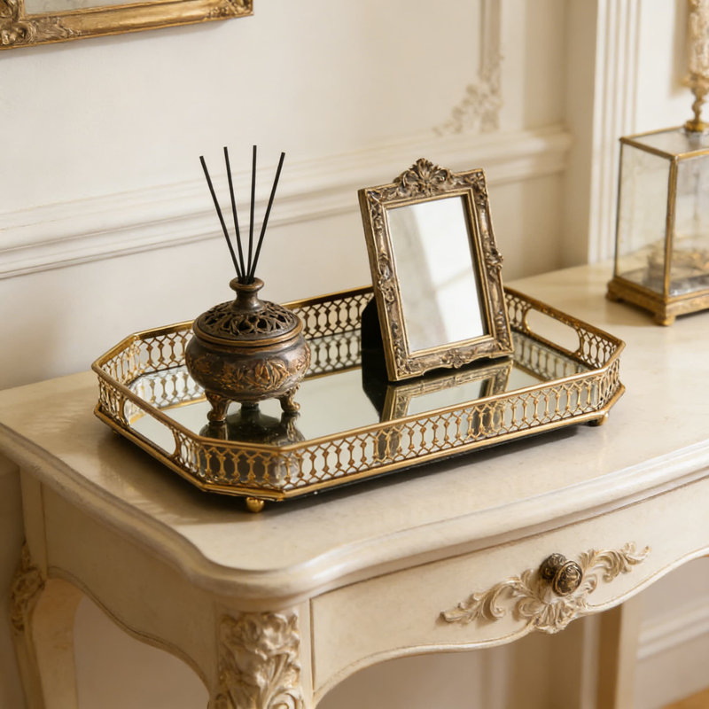 Rebrilliant Vintage Gold Mirrored Vanity Tray With Handles - Large  Decorative Organizer For Perfume, Makeup, Jewelry, And Bathroom Essentials  On Dresser Or Countertop | Wayfair