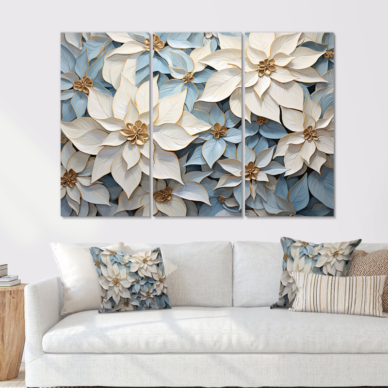 Ensemble de décoration murale poinsettias beige et bleu, Toile tendue, H 32 po x l 48 po x P 1 po