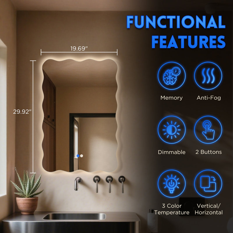 Wavy Frameless Led Wall Mirror, 30" x 20"