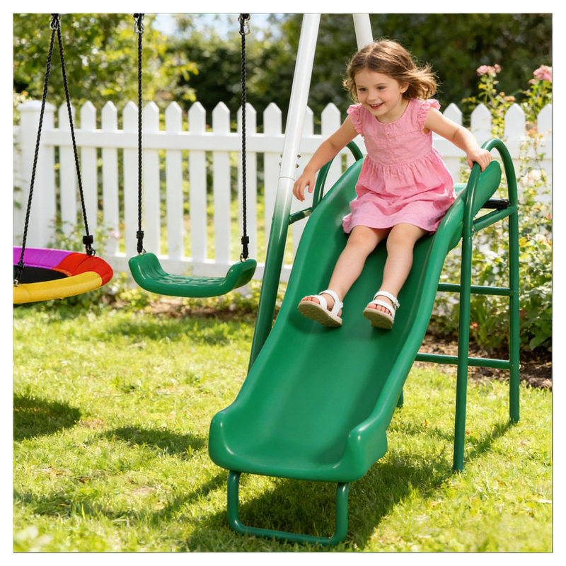 Ensemble de balançoire en métal noir et vert avec balançoire à soucoupe, siège standard et glissade de 5 pieds