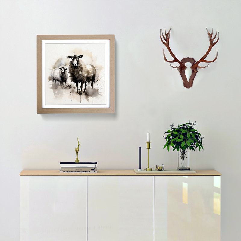 Sheep Ink Wash No.1 - Framed Print, Oak