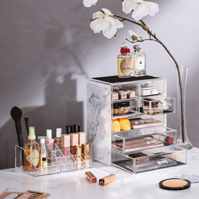 Clear Cosmetic Makeup Organizer - Make Up & Jewelry Storage, Case & Display - Spacious Design - Great Holder For Dresser, Bathroom, Vanity & Countertop (3 Large, 4 Small Drawers) [Marble Print]