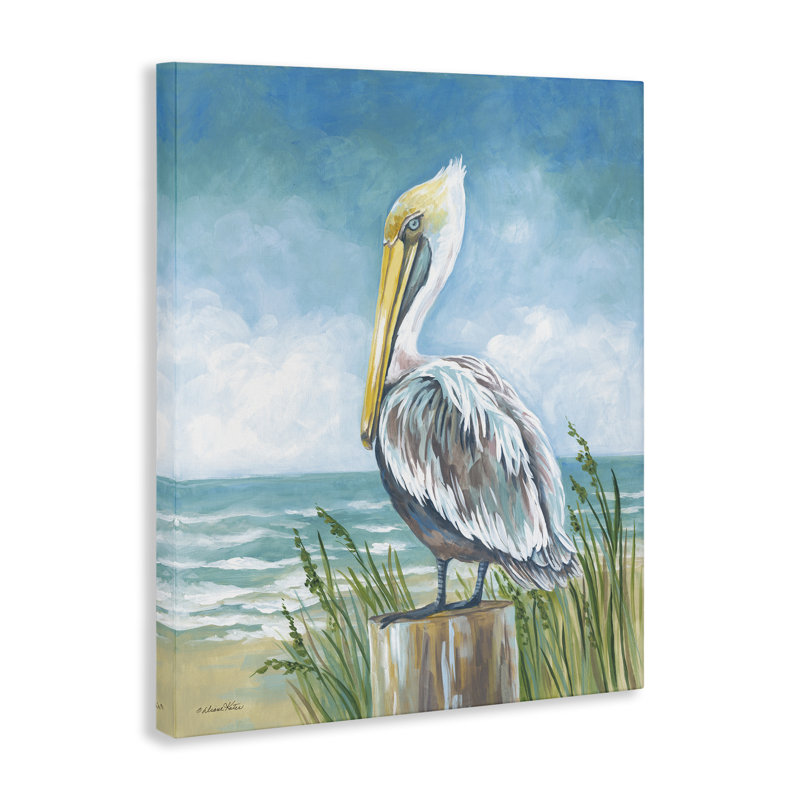 Pelican perché près de la côte, toile par Diane Kater, H 30 po x l 24 po