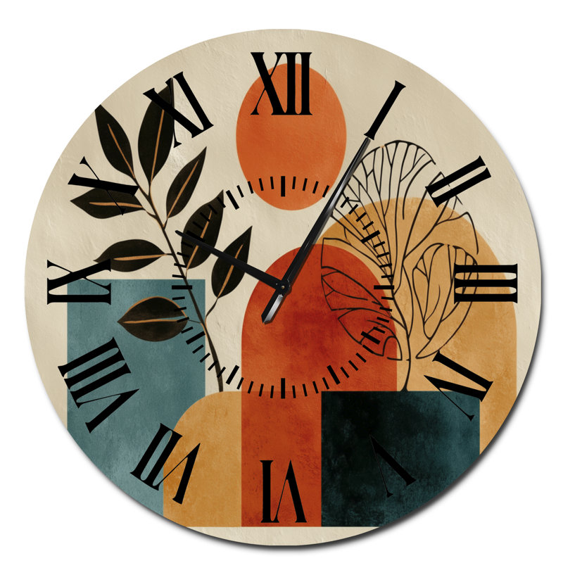 Horloge murale moderne en métal bleu et orange de style bohème minimaliste à motif géométrique - Plante, Surdimensionné