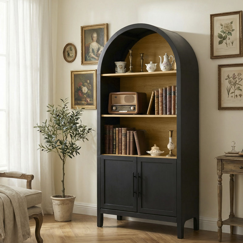 Trexlertown Arched Open Shelf Bookcase Storage Cabinet, Black